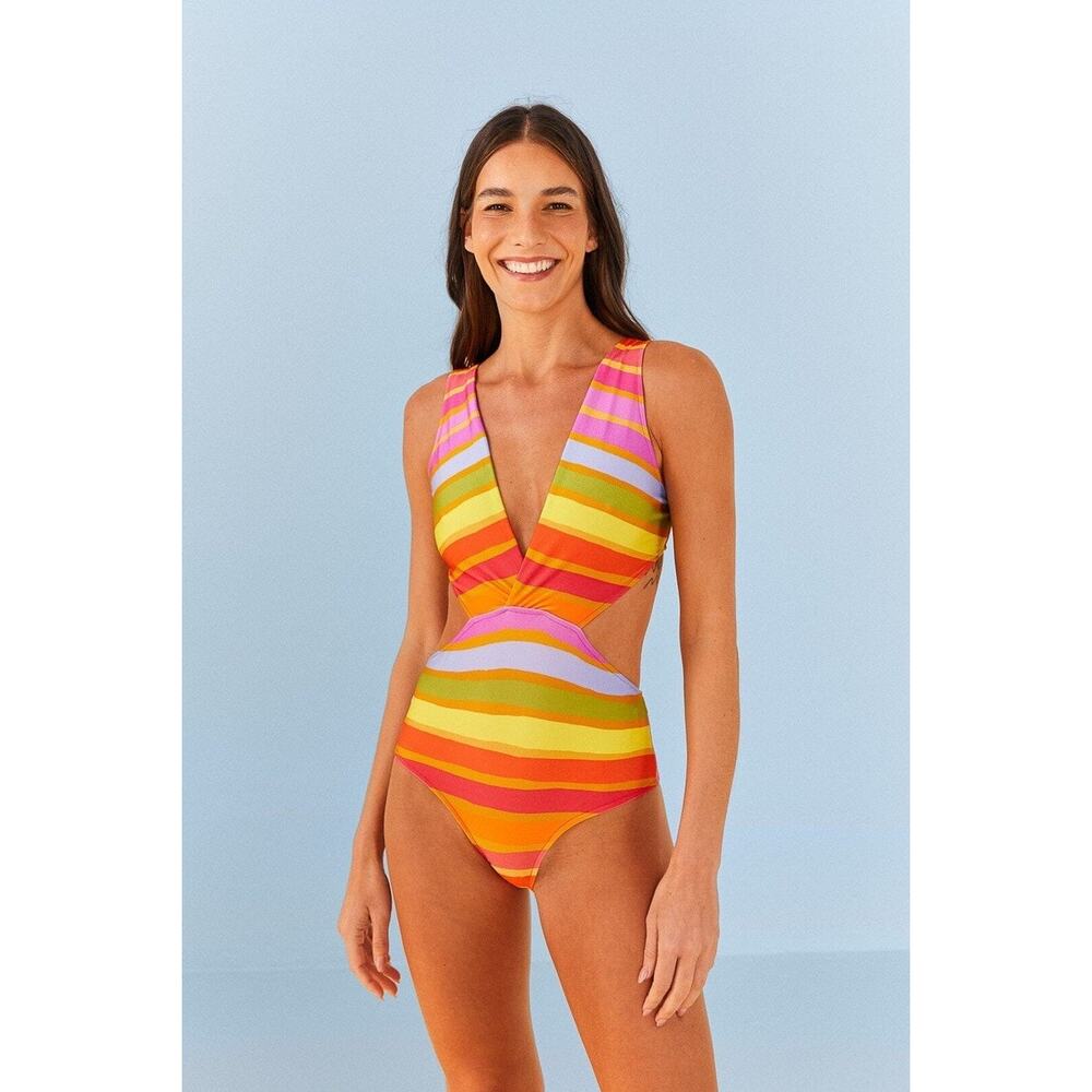 Farm Rio Womens Size Small Multicolor Shiny Stripes One-Piece Swimsuit NWT